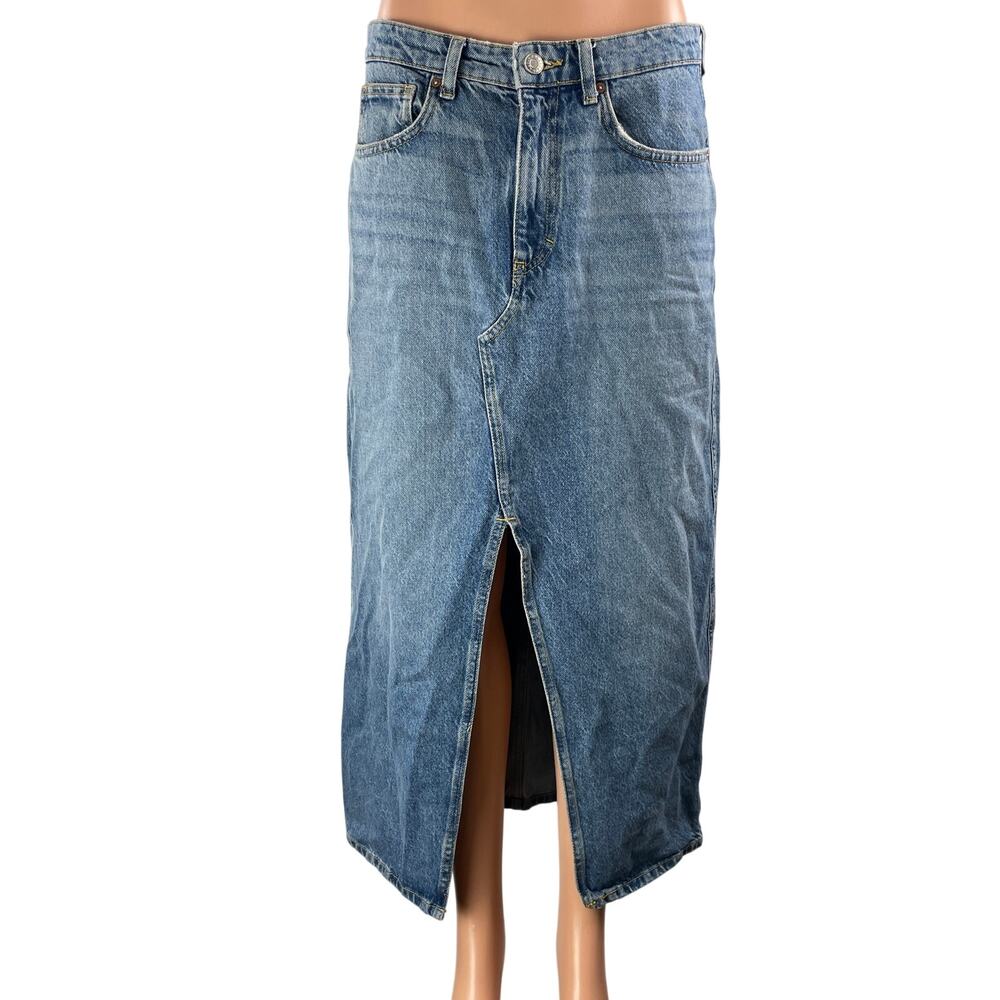 MNG Mango Women's Blue High Waist Slit Straight Midi Denim Jean Skirt Size M
